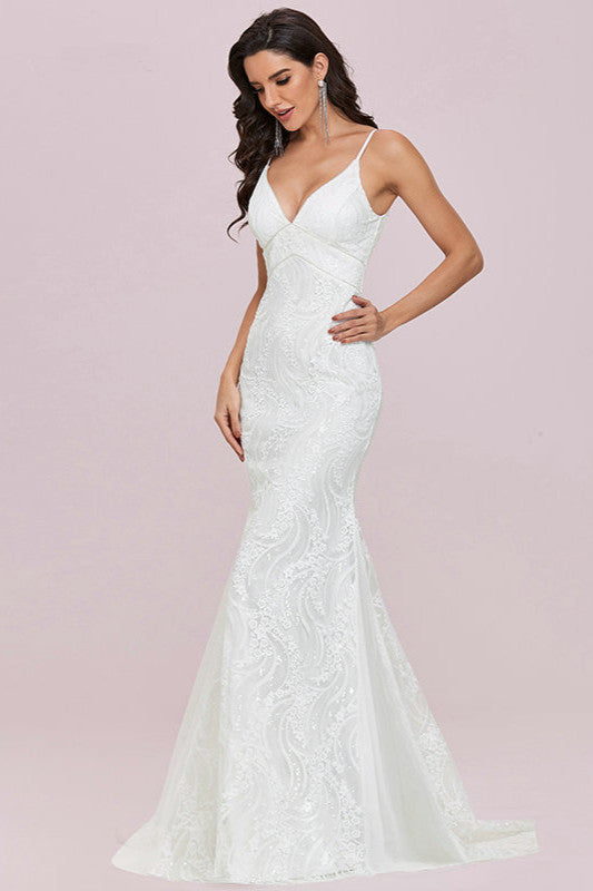 Chic V-neck Mermaid Wedding Dress With Lace Appliques-BallBride