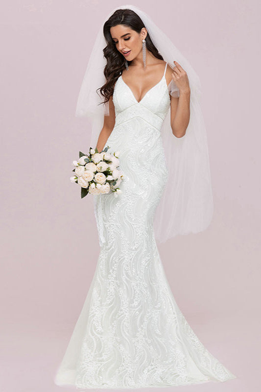 Chic V-neck Mermaid Wedding Dress With Lace Appliques-BallBride