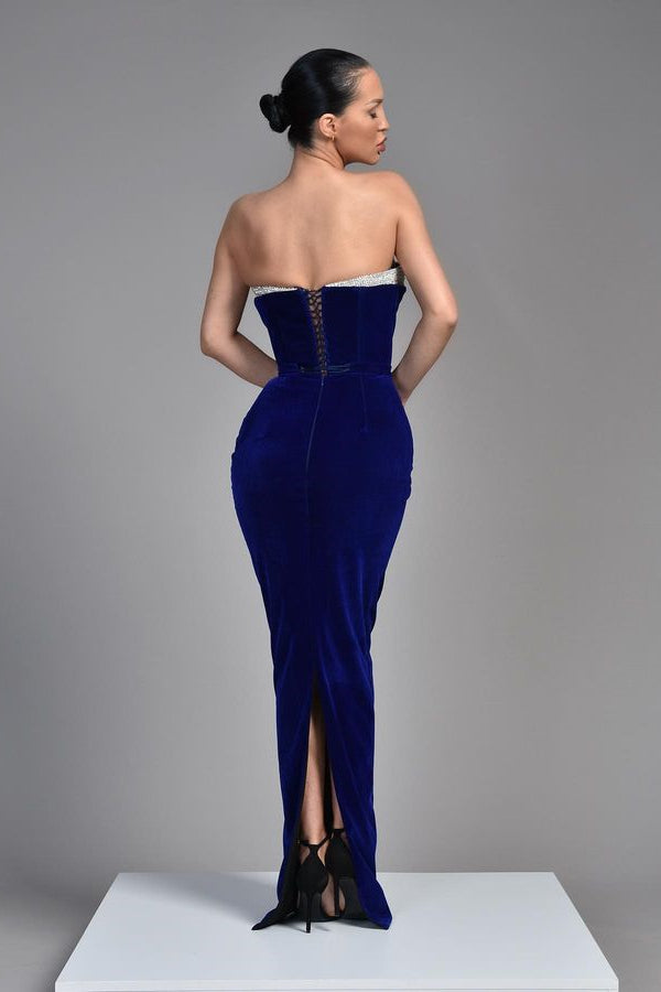 Chic V-Neck Sleeveless Mermaid Royal Blue Velvet Prom Dress-BallBride