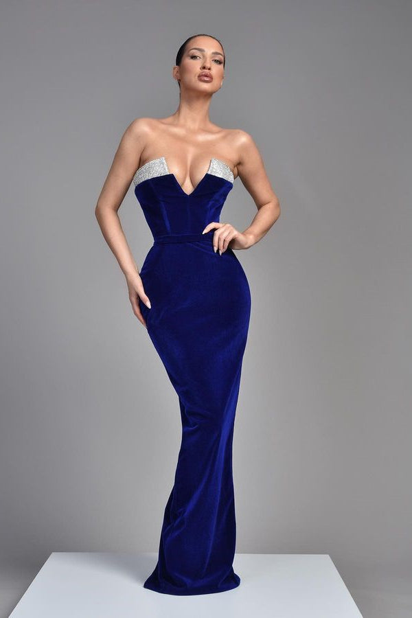 Chic V-Neck Sleeveless Mermaid Royal Blue Velvet Prom Dress-BallBride