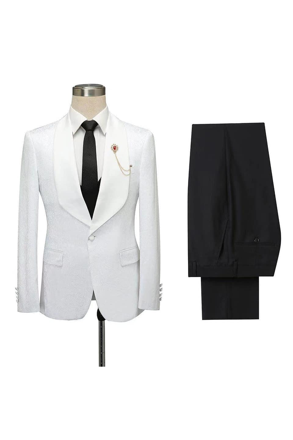 Chic White Jacquard Slim Fit Shawl Lapel Wedding Suit for Men-BallBride
