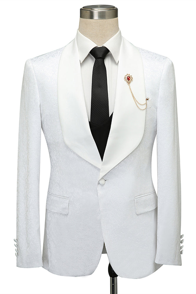 Chic White Jacquard Slim Fit Shawl Lapel Wedding Suit for Men-BallBride