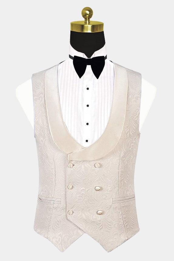 Chic White Three Pieces Jacquare Shawl Lapel Wedding Suit-BallBride