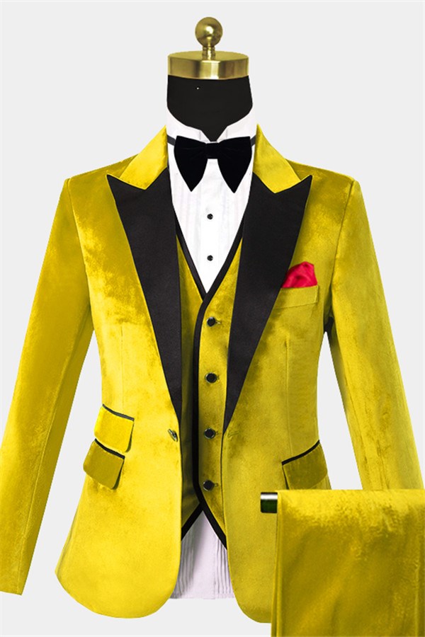 Chic Yellow Velvet Three Piece Slim Fit Tuxedo for Men-BallBride