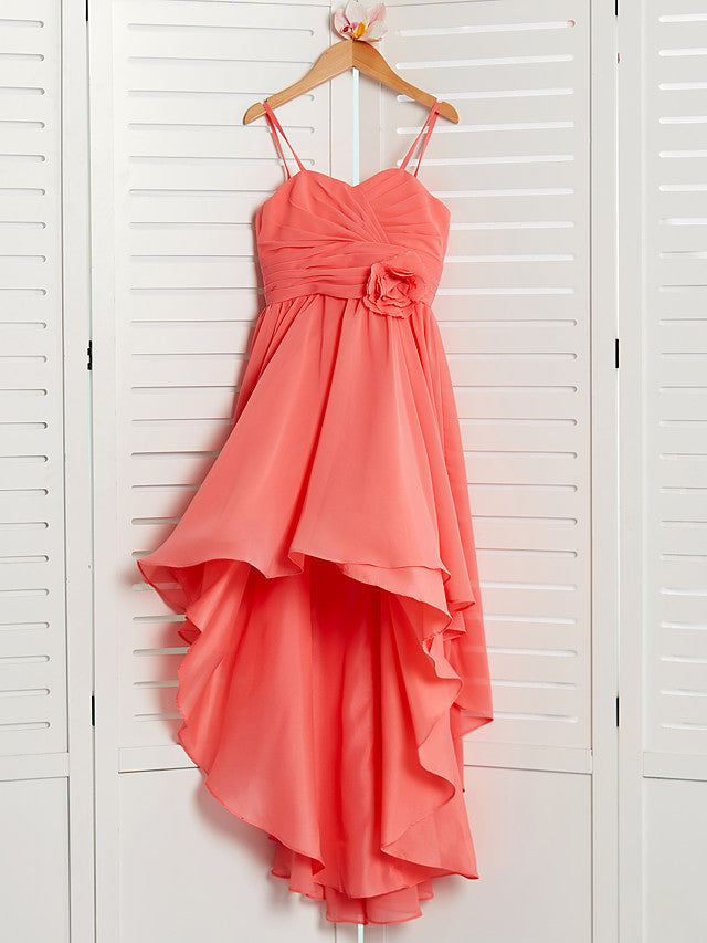 Chiffon A-Line Flower Girl Dress With Spaghetti Strap and Tea Length Pleats-BallBride