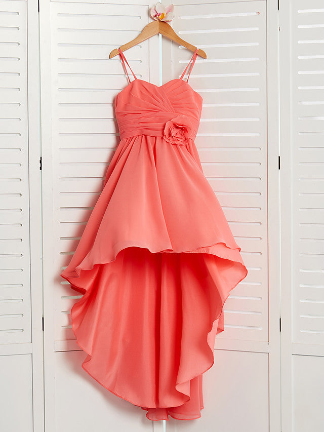 Chiffon A-Line Flower Girl Dress With Spaghetti Strap and Tea Length Pleats-BallBride