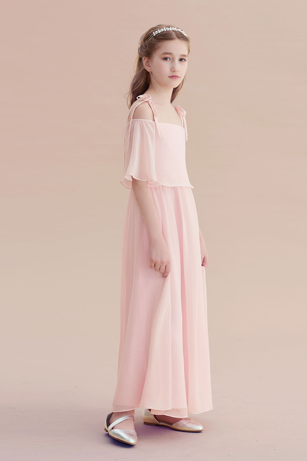 Chiffon Half-Sleeves A-line Flower Girl Dress with Spaghetti Straps and Tiered-BallBride