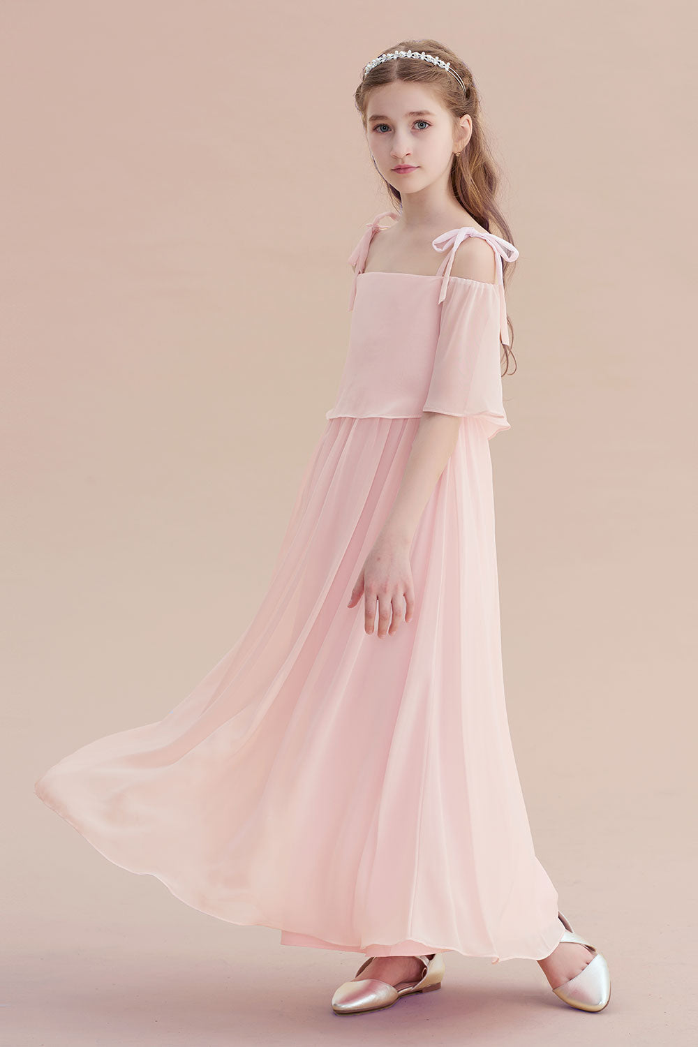 Chiffon Half-Sleeves A-line Flower Girl Dress with Spaghetti Straps and Tiered-BallBride