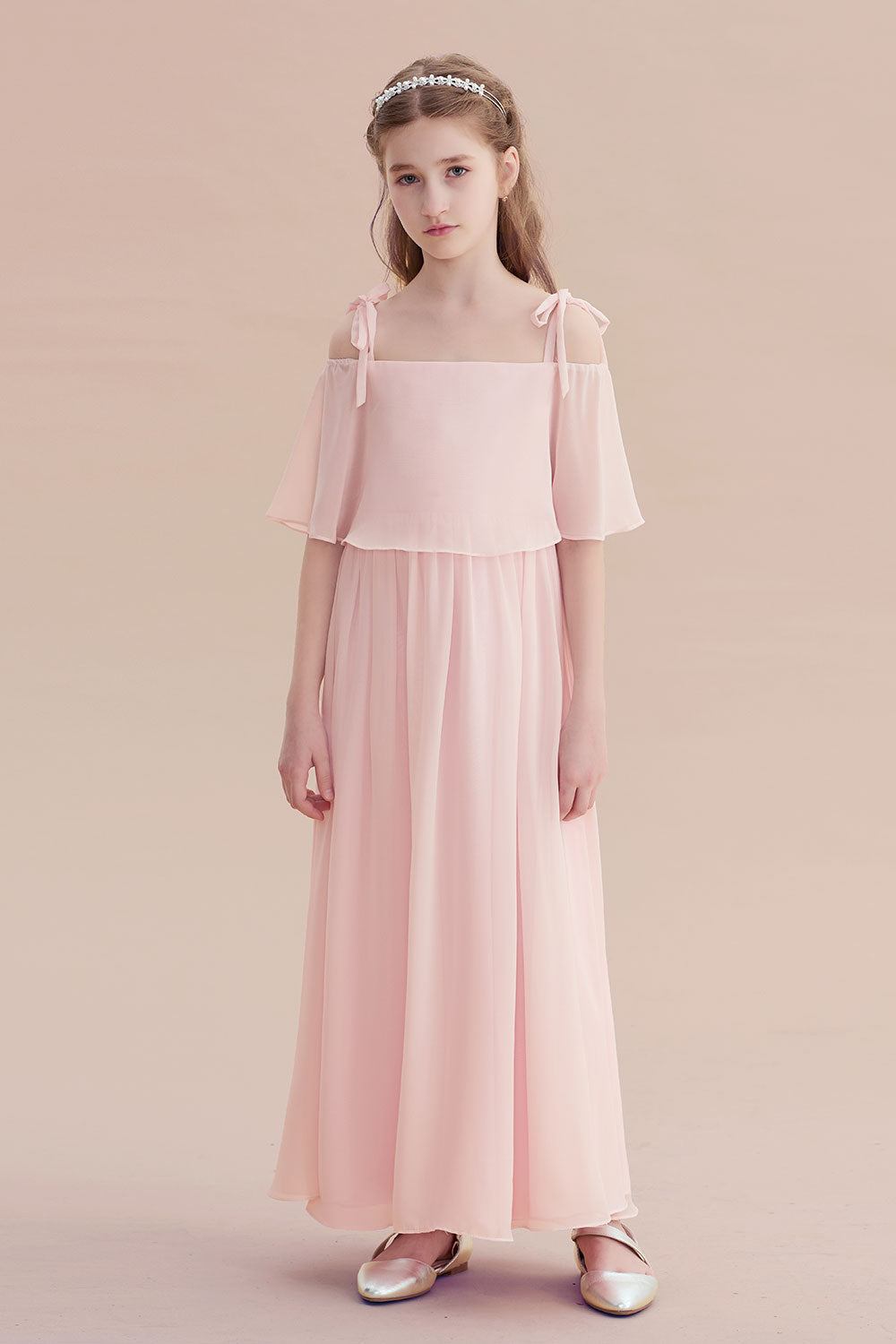 Chiffon Half-Sleeves A-line Flower Girl Dress with Spaghetti Straps and Tiered-BallBride