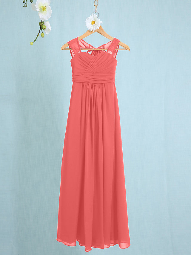 Chiffon Junior Flower Girl Dress with Sheath Column Straps and Ruched Natural Ankle Length-BallBride