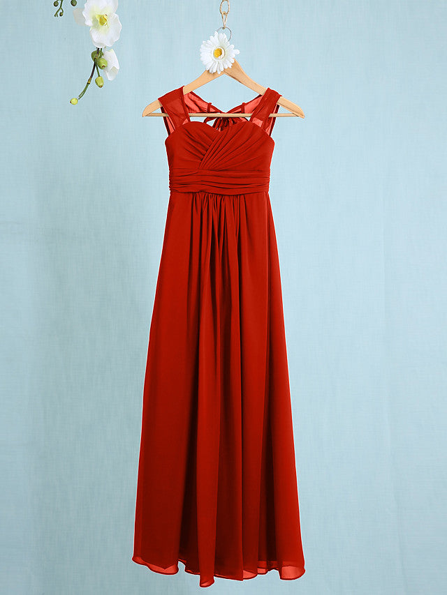 Chiffon Junior Flower Girl Dress with Sheath Column Straps and Ruched Natural Ankle Length-BallBride