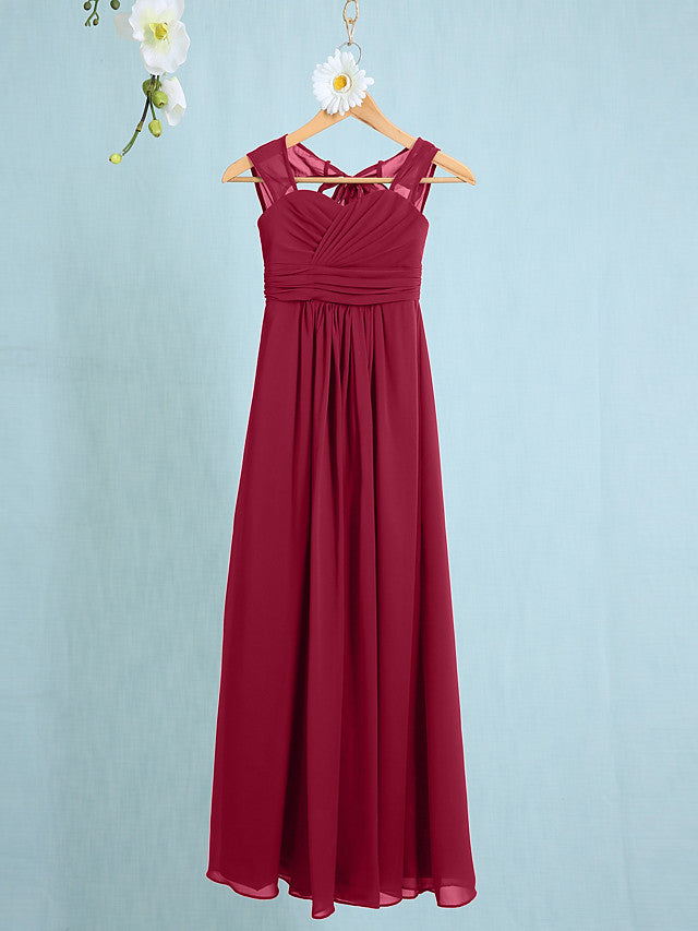Chiffon Junior Flower Girl Dress with Sheath Column Straps and Ruched Natural Ankle Length-BallBride