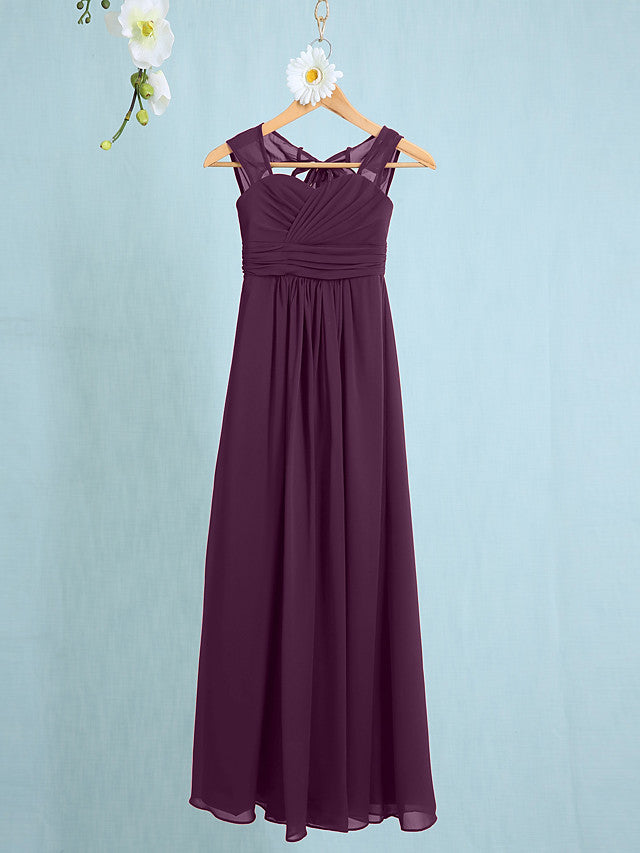 Chiffon Junior Flower Girl Dress with Sheath Column Straps and Ruched Natural Ankle Length-BallBride