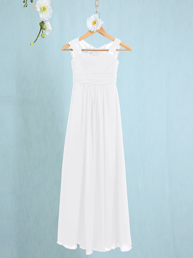 Chiffon Junior Flower Girl Dress with Sheath Column Straps and Ruched Natural Ankle Length-BallBride