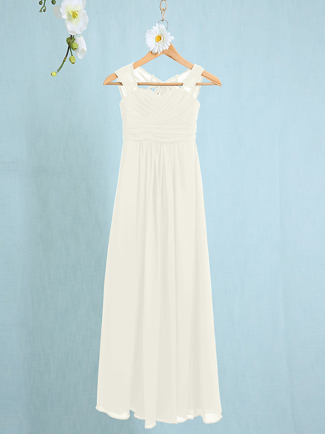 Chiffon Junior Flower Girl Dress with Sheath Column Straps and Ruched Natural Ankle Length-BallBride