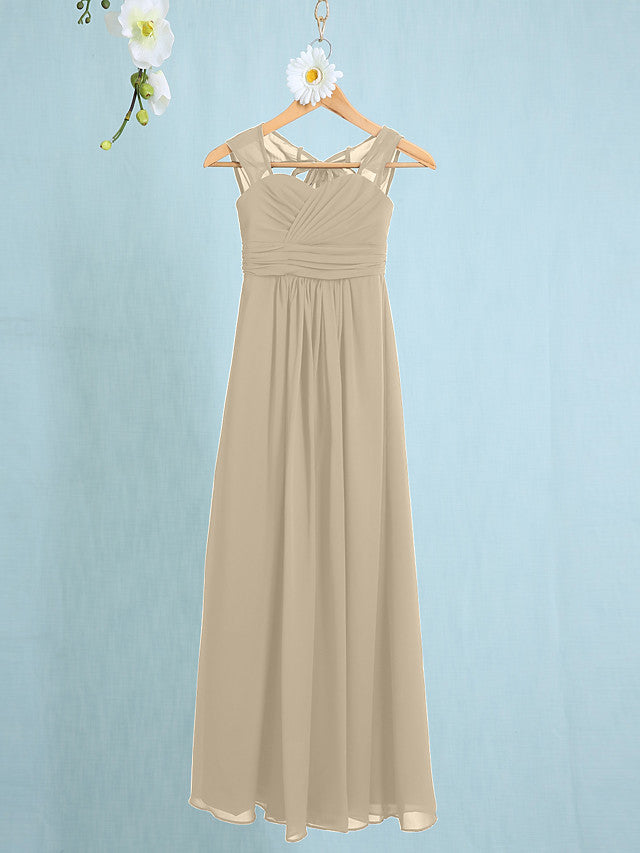 Chiffon Junior Flower Girl Dress with Sheath Column Straps and Ruched Natural Ankle Length-BallBride