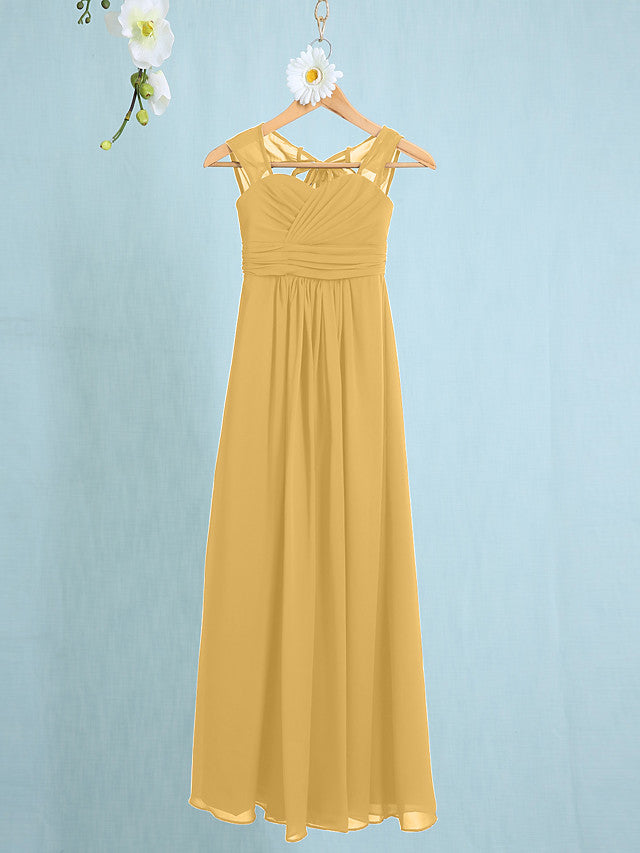 Chiffon Junior Flower Girl Dress with Sheath Column Straps and Ruched Natural Ankle Length-BallBride
