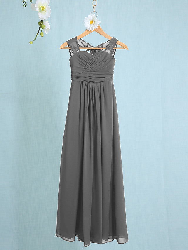 Chiffon Junior Flower Girl Dress with Sheath Column Straps and Ruched Natural Ankle Length-BallBride