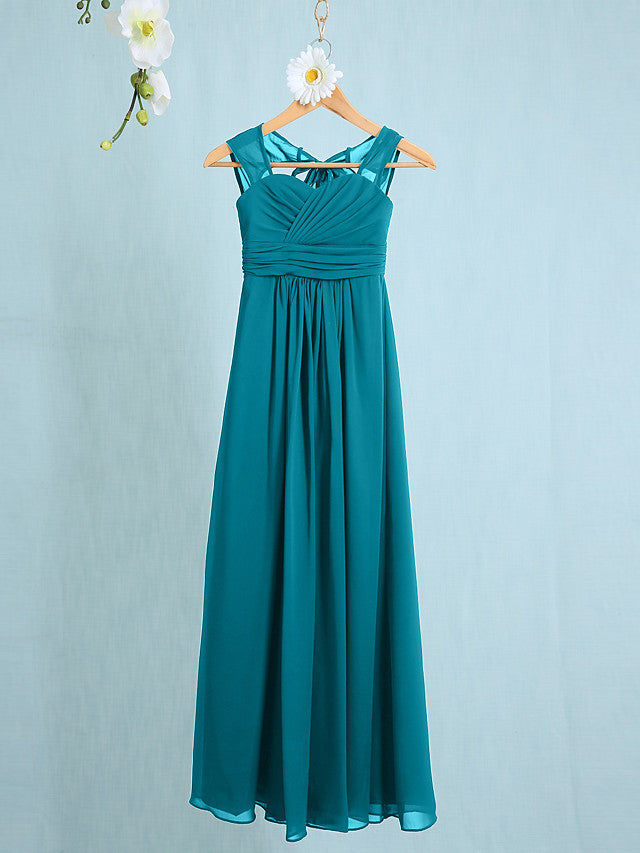 Chiffon Junior Flower Girl Dress with Sheath Column Straps and Ruched Natural Ankle Length-BallBride