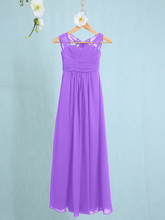 Chiffon Junior Flower Girl Dress with Sheath Column Straps and Ruched Natural Ankle Length-BallBride