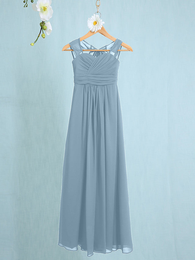 Chiffon Junior Flower Girl Dress with Sheath Column Straps and Ruched Natural Ankle Length-BallBride