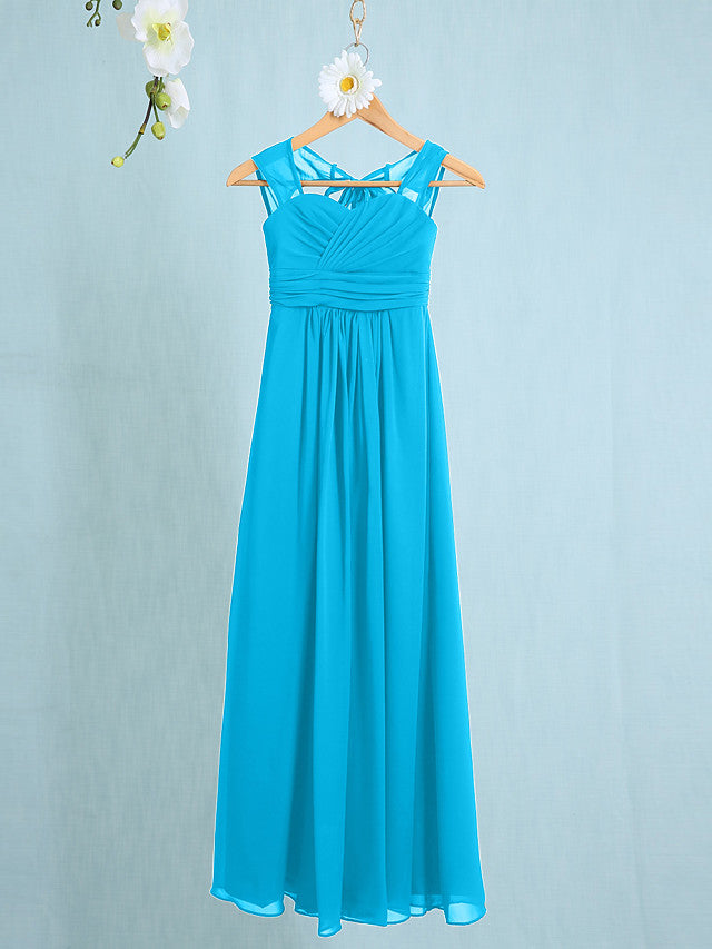 Chiffon Junior Flower Girl Dress with Sheath Column Straps and Ruched Natural Ankle Length-BallBride