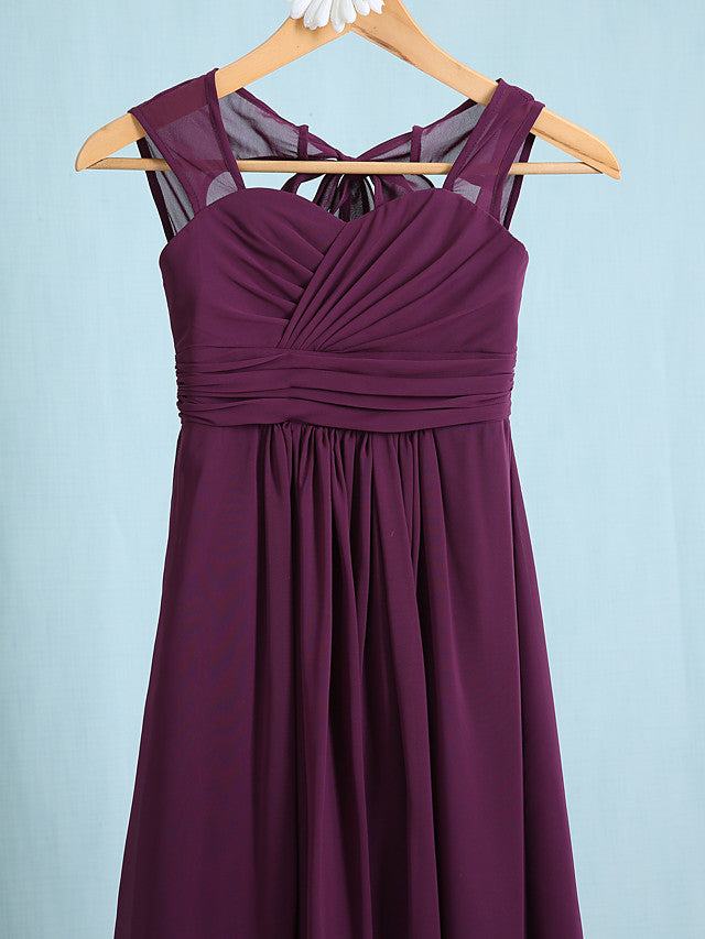 Chiffon Junior Flower Girl Dress with Sheath Column Straps and Ruched Natural Ankle Length-BallBride