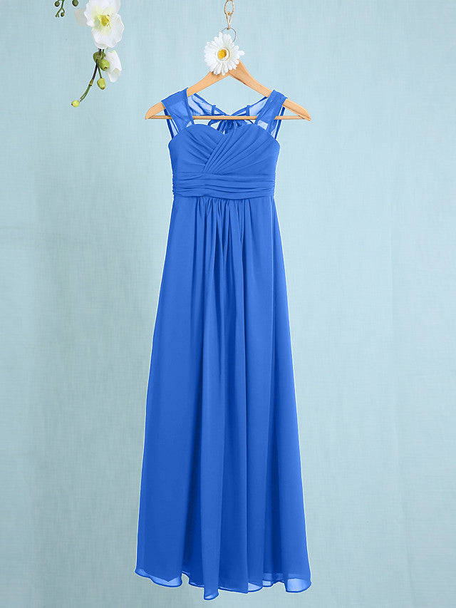 Chiffon Junior Flower Girl Dress with Sheath Column Straps and Ruched Natural Ankle Length-BallBride