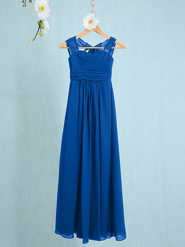 Chiffon Junior Flower Girl Dress with Sheath Column Straps and Ruched Natural Ankle Length-BallBride