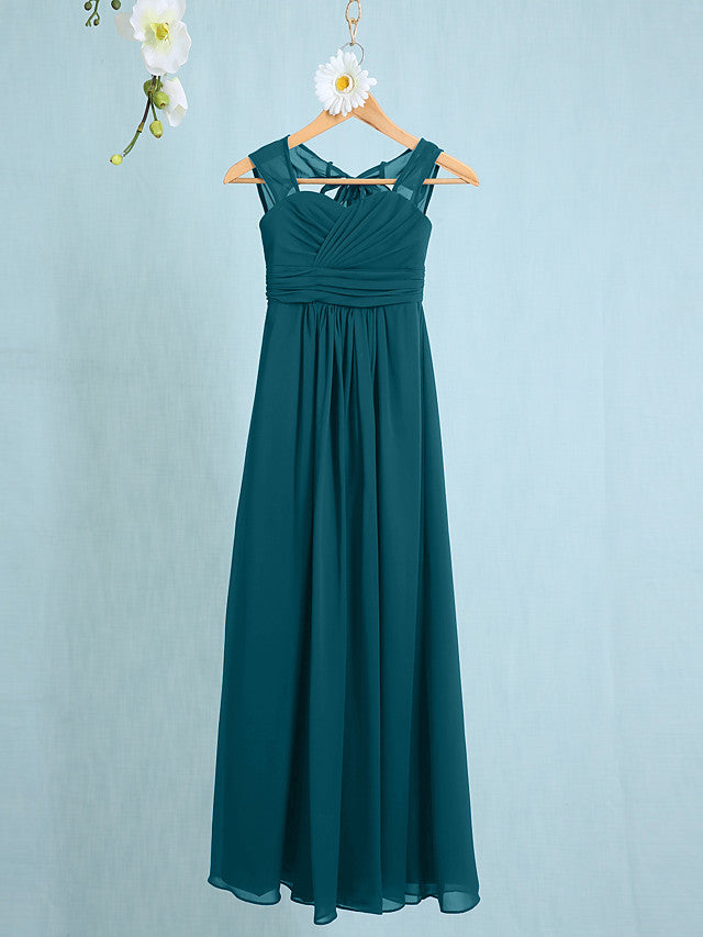Chiffon Junior Flower Girl Dress with Sheath Column Straps and Ruched Natural Ankle Length-BallBride