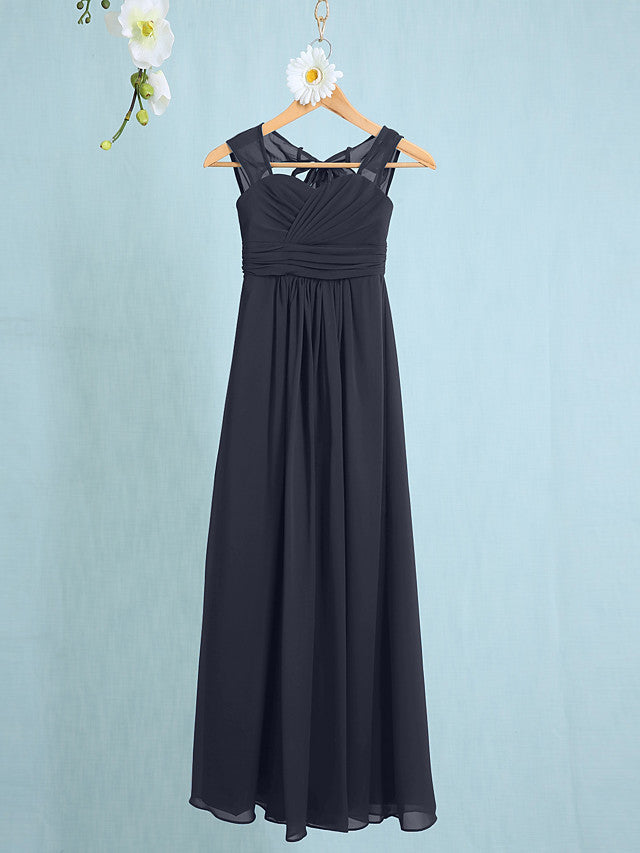Chiffon Junior Flower Girl Dress with Sheath Column Straps and Ruched Natural Ankle Length-BallBride