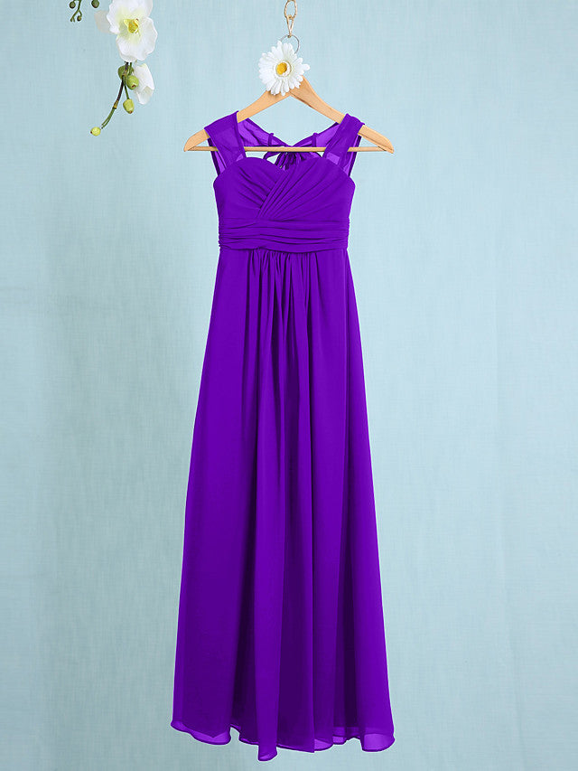 Chiffon Junior Flower Girl Dress with Sheath Column Straps and Ruched Natural Ankle Length-BallBride
