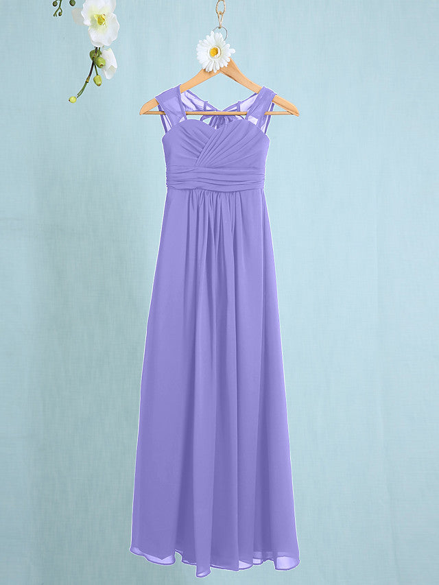 Chiffon Junior Flower Girl Dress with Sheath Column Straps and Ruched Natural Ankle Length-BallBride