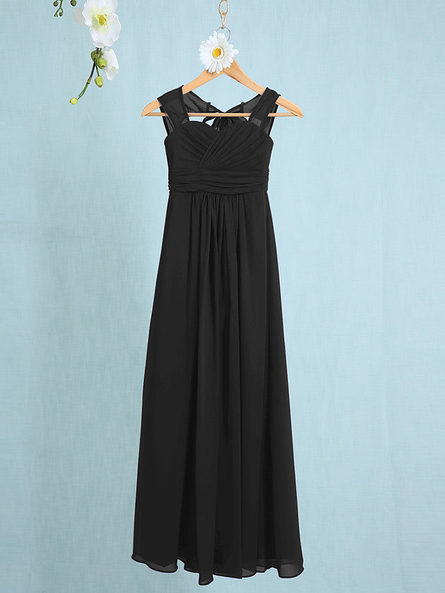 Chiffon Junior Flower Girl Dress with Sheath Column Straps and Ruched Natural Ankle Length-BallBride