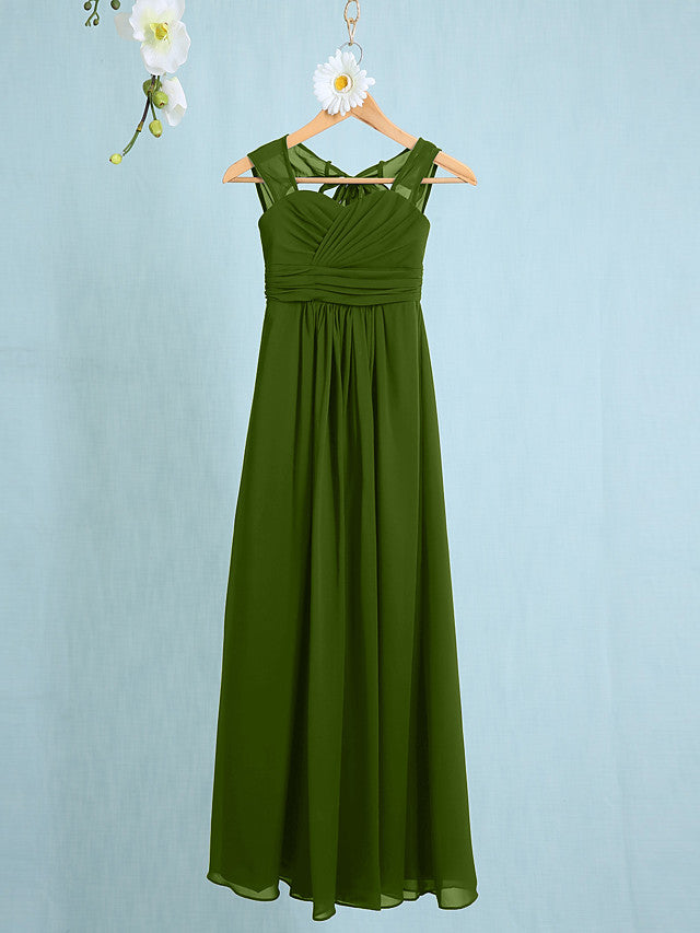 Chiffon Junior Flower Girl Dress with Sheath Column Straps and Ruched Natural Ankle Length-BallBride