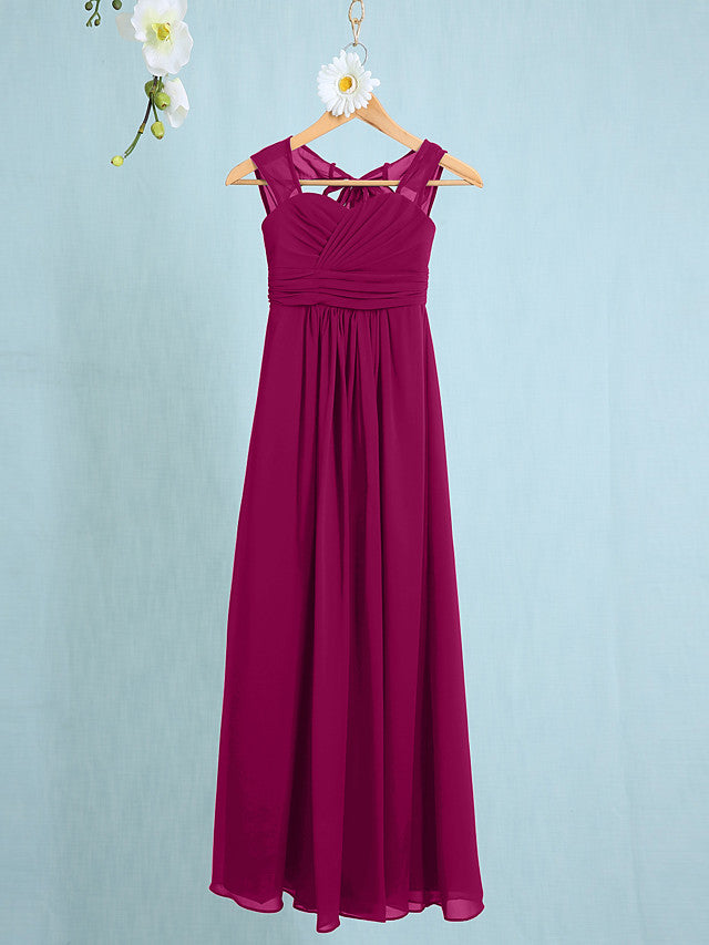 Chiffon Junior Flower Girl Dress with Sheath Column Straps and Ruched Natural Ankle Length-BallBride
