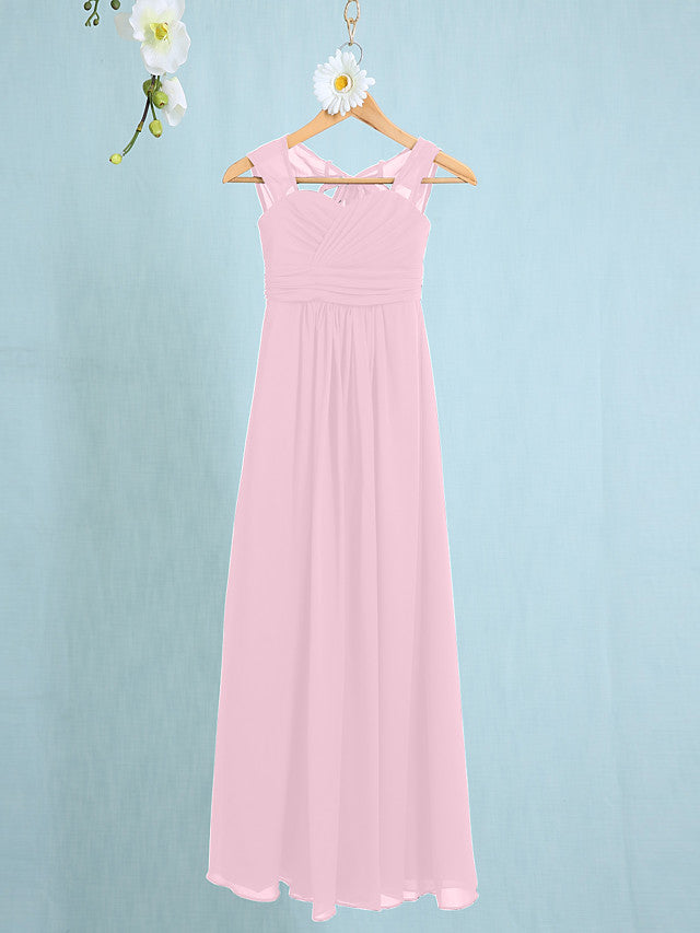 Chiffon Junior Flower Girl Dress with Sheath Column Straps and Ruched Natural Ankle Length-BallBride
