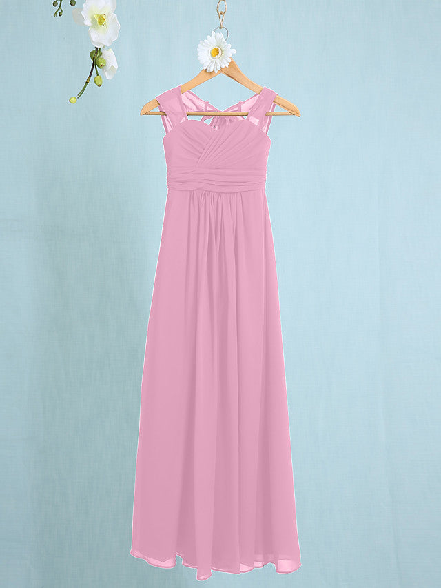 Chiffon Junior Flower Girl Dress with Sheath Column Straps and Ruched Natural Ankle Length-BallBride
