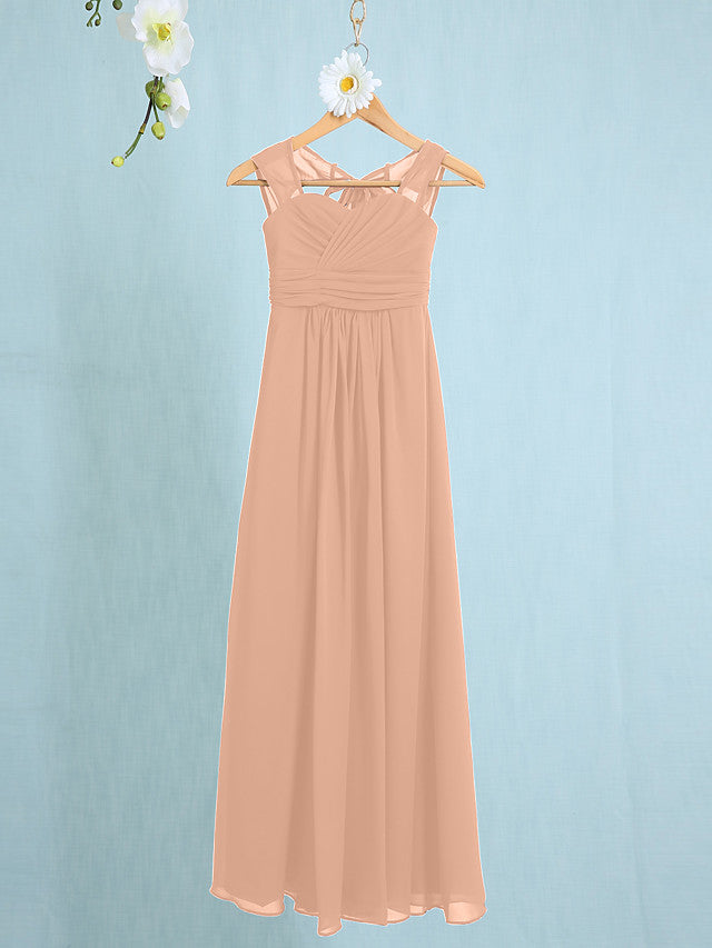 Chiffon Junior Flower Girl Dress with Sheath Column Straps and Ruched Natural Ankle Length-BallBride