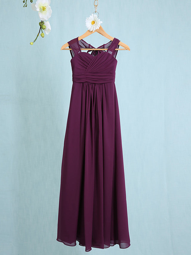 Chiffon Junior Flower Girl Dress with Sheath Column Straps and Ruched Natural Ankle Length-BallBride
