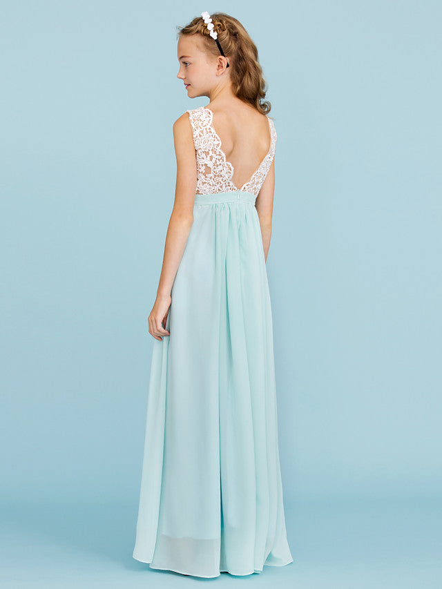 Chiffon Lace Junior Flower Girl Dress - Sheath Column V Neck Floor Length with Sash Ribbon Open Back for Wedding Party-BallBride