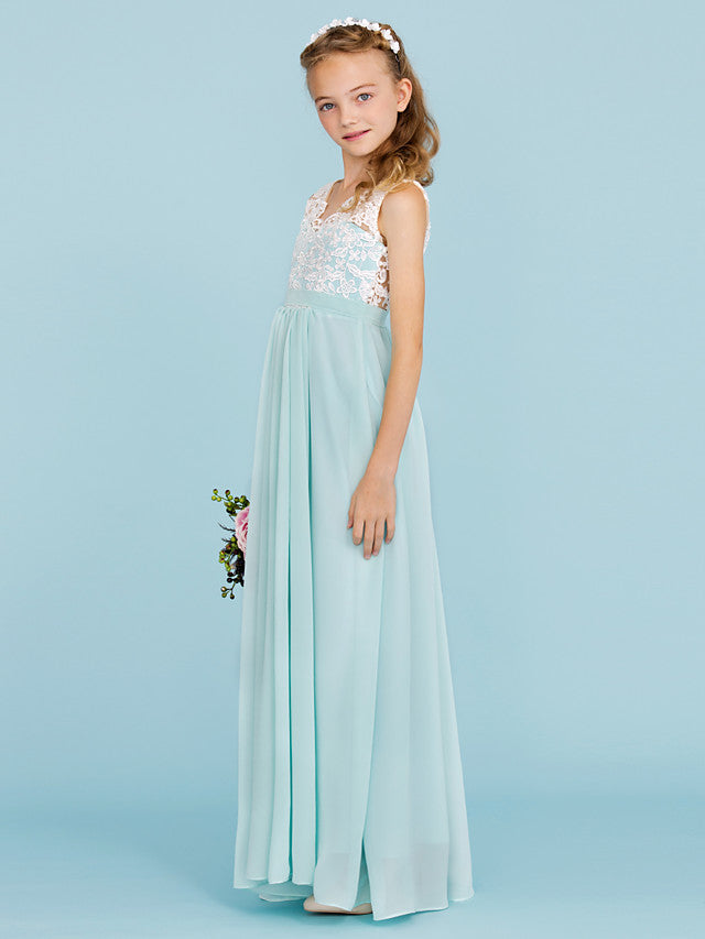 Chiffon Lace Junior Flower Girl Dress - Sheath Column V Neck Floor Length with Sash Ribbon Open Back for Wedding Party-BallBride