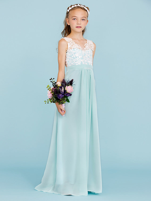 Chiffon Lace Junior Flower Girl Dress - Sheath Column V Neck Floor Length with Sash Ribbon Open Back for Wedding Party-BallBride