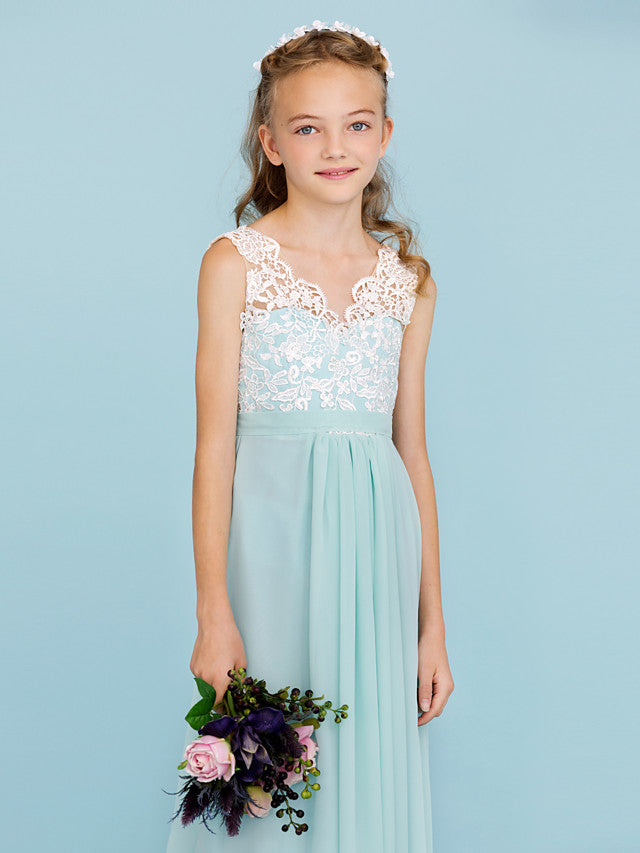 Chiffon Lace Junior Flower Girl Dress - Sheath Column V Neck Floor Length with Sash Ribbon Open Back for Wedding Party-BallBride