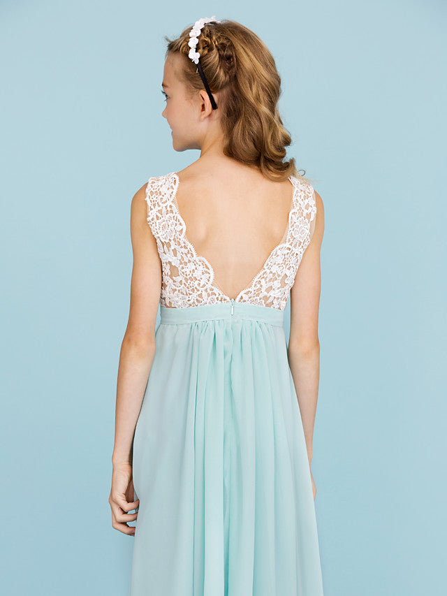Chiffon Lace Junior Flower Girl Dress - Sheath Column V Neck Floor Length with Sash Ribbon Open Back for Wedding Party-BallBride