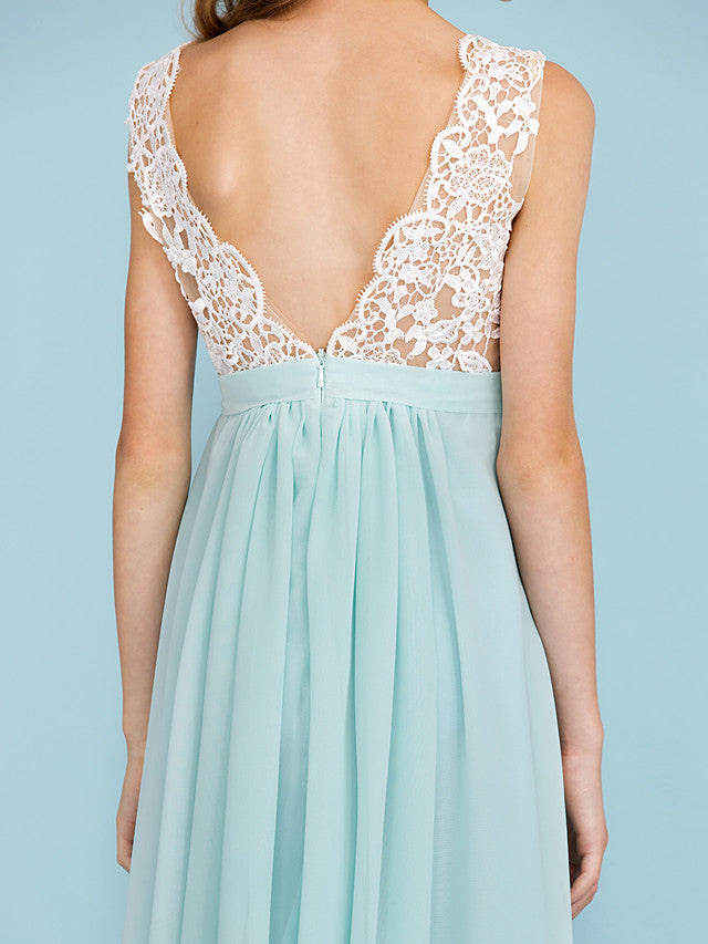 Chiffon Lace Junior Flower Girl Dress - Sheath Column V Neck Floor Length with Sash Ribbon Open Back for Wedding Party-BallBride