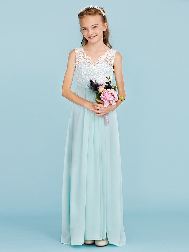 Chiffon Lace Junior Flower Girl Dress - Sheath Column V Neck Floor Length with Sash Ribbon Open Back for Wedding Party-BallBride