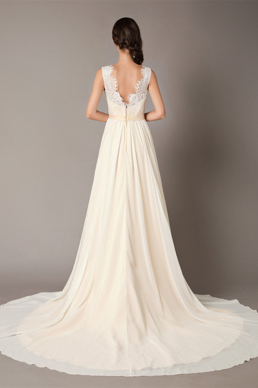 Chiffon Wedding Dress with Lace Accents-BallBride
