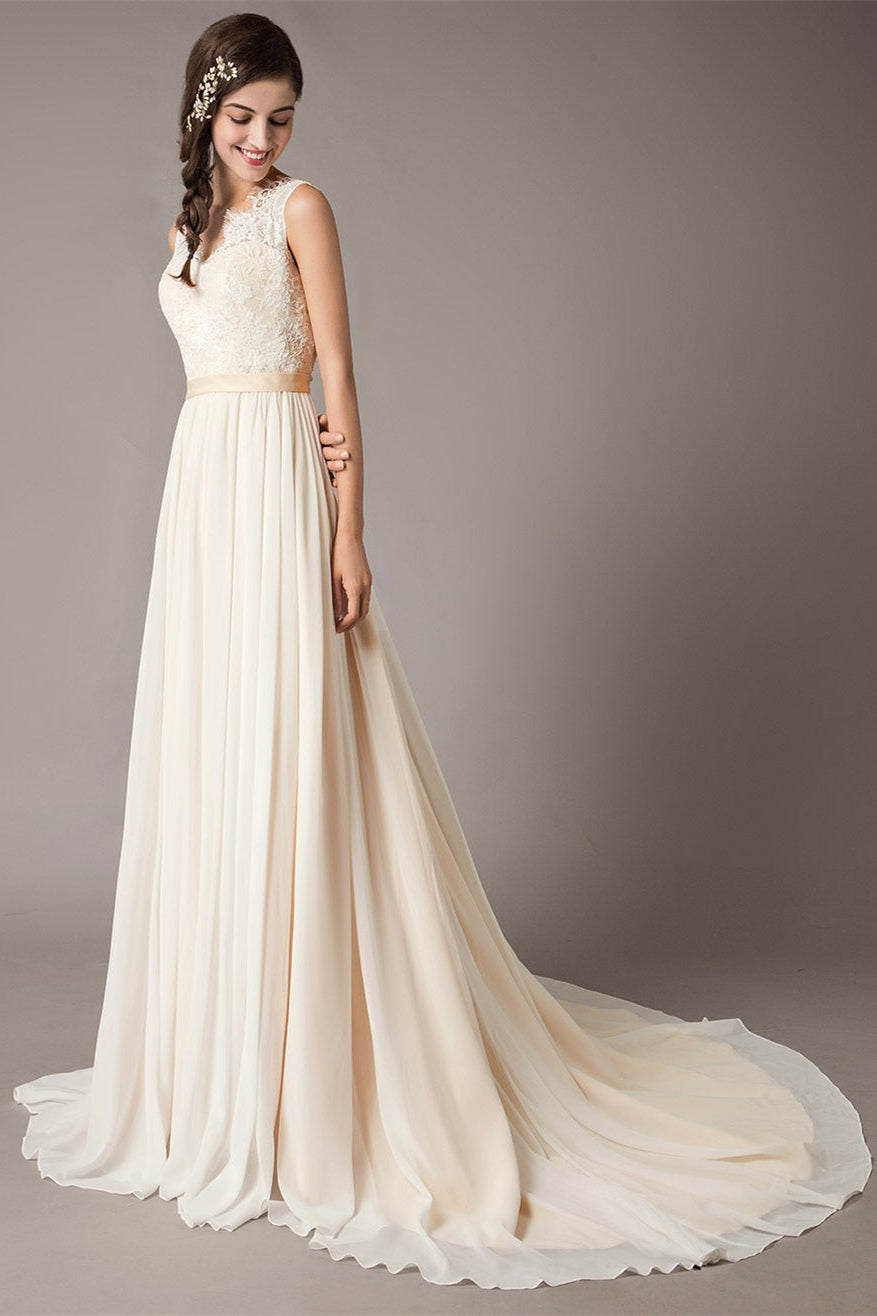 Chiffon Wedding Dress with Lace Accents-BallBride