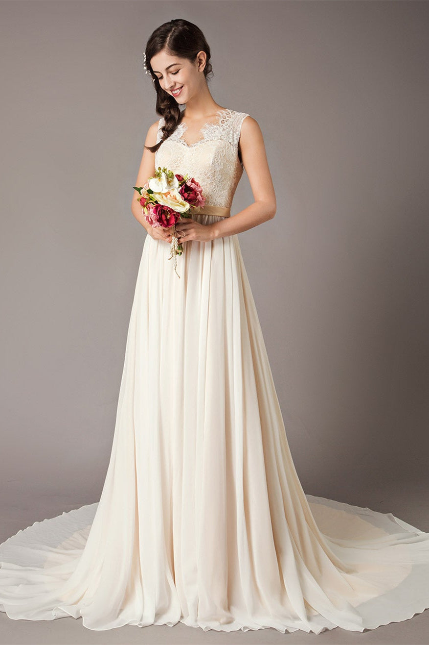 Chiffon Wedding Dress with Lace Accents-BallBride